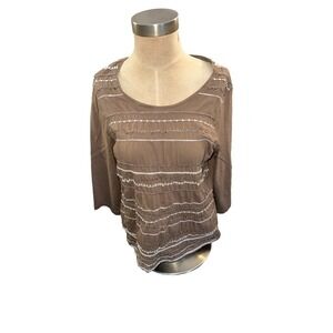Chicos Brown Textured Embellished Long Sleeve Top Tunic Size 2